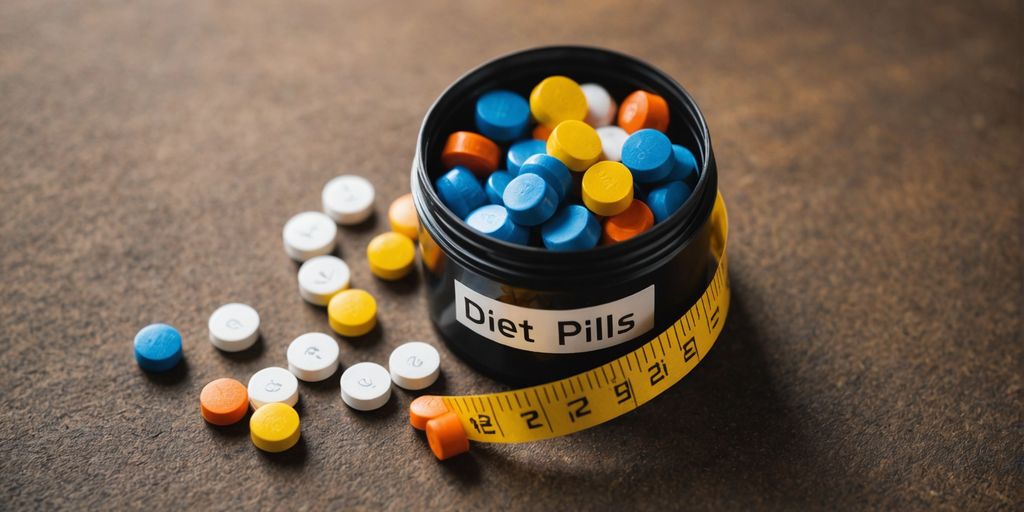 Diet pills, measuring tape, and a question mark.