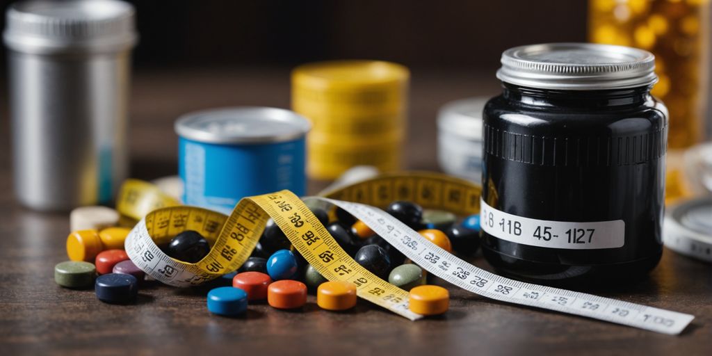 Supplements, measuring tape, and scale for weight loss.