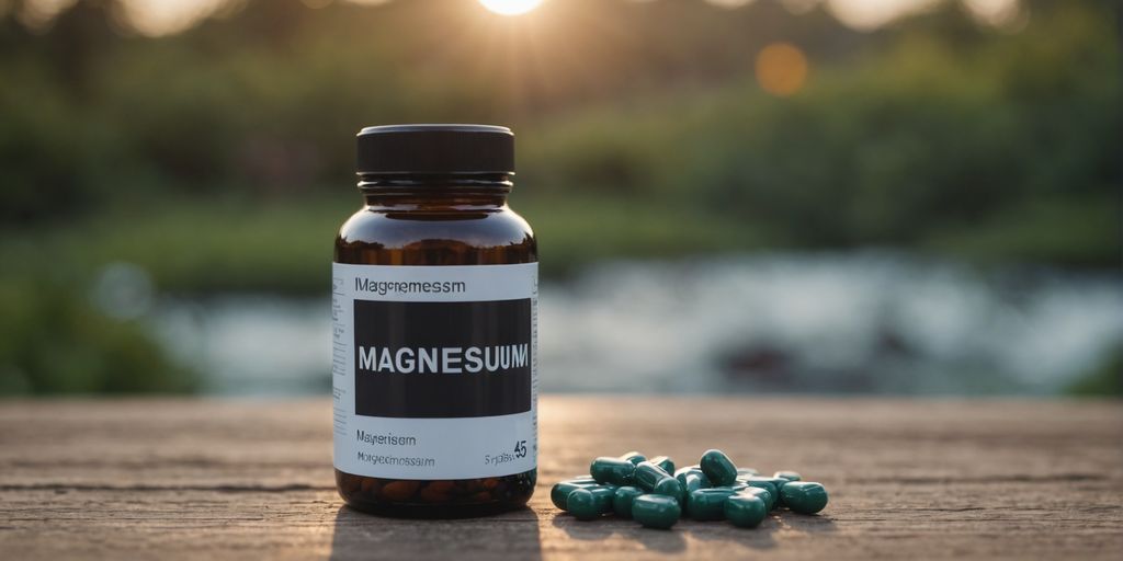 Magnesium supplement bottle with fruits and vegetables