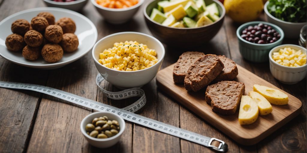 Assorted keto-friendly foods with a measuring tape on table.