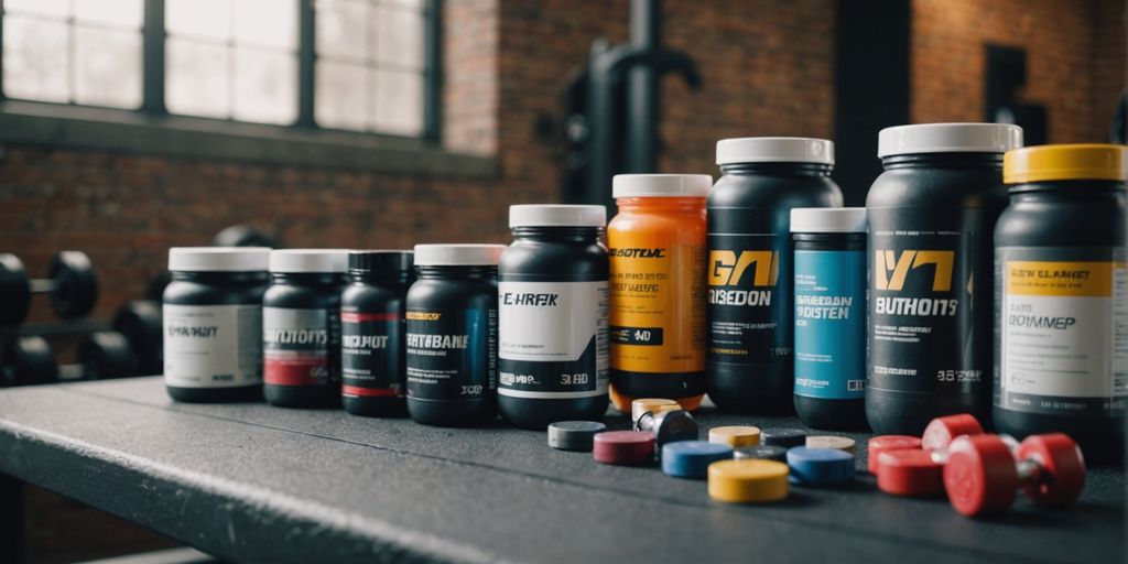 Different workout supplements on a gym bench for fitness.