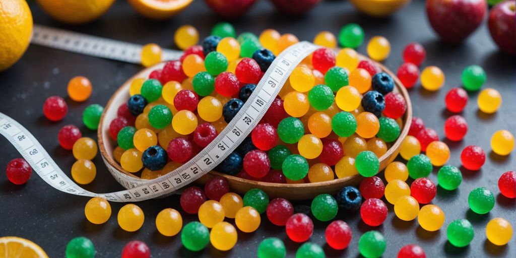 Gummy bears, measuring tape, and fruits for weight loss