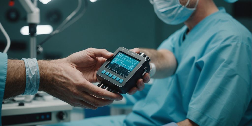 Surgeon displaying lap band in sterile environment