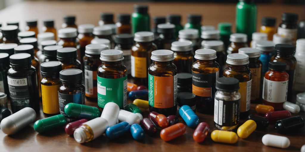 Bottles and capsules of immune-boosting supplements on a table.