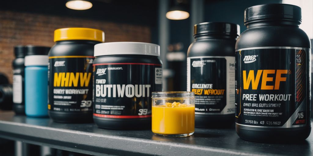 Different pre workout supplements displayed on a gym bench.