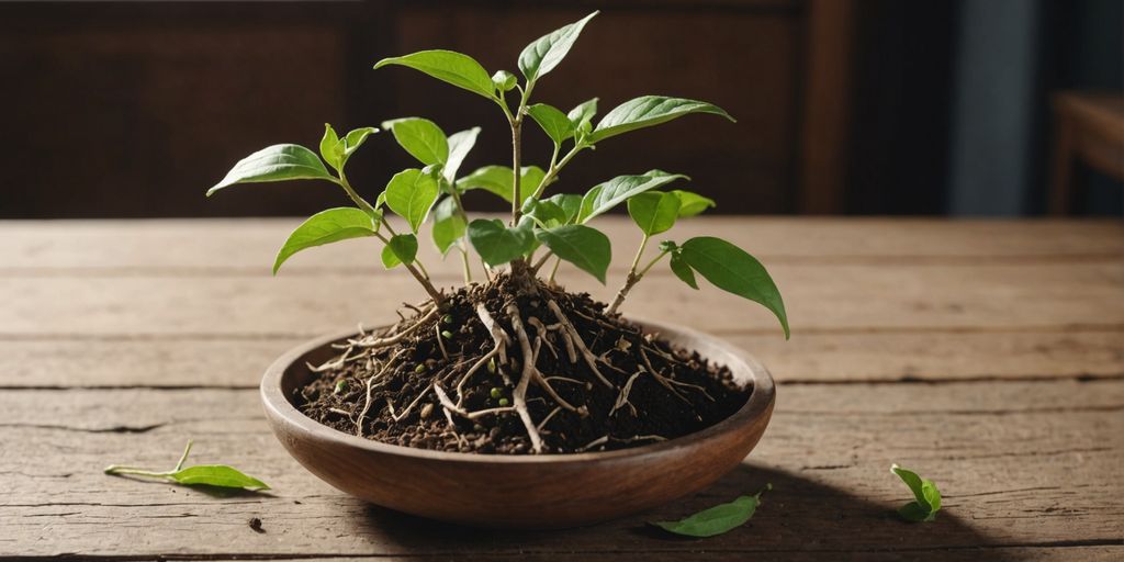 Ashwagandha plant roots and leaves on wooden table