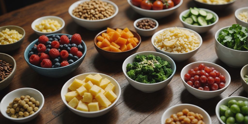 Assorted healthy foods on a wooden table.