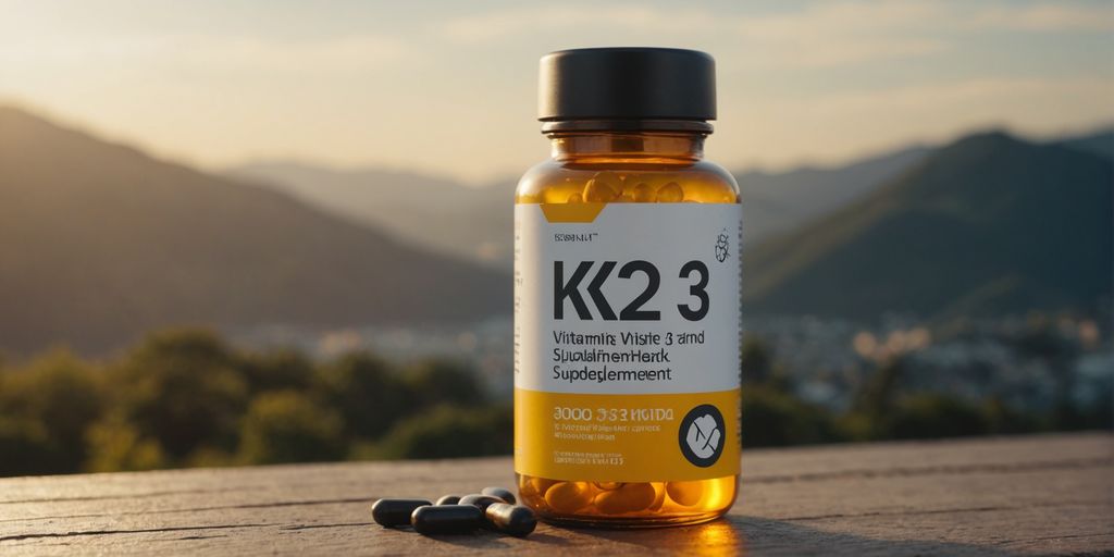 D3 K2 supplement bottle with health benefits icons