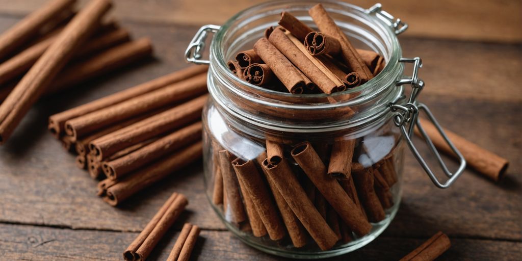 Ceylon cinnamon sticks in a glass jar on table.