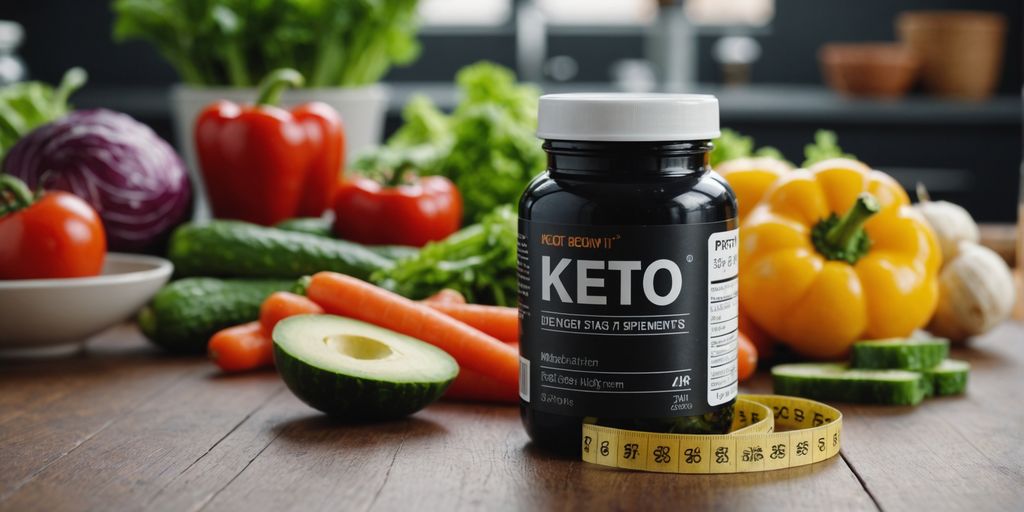 Keto supplements, measuring tape, and vegetables on table